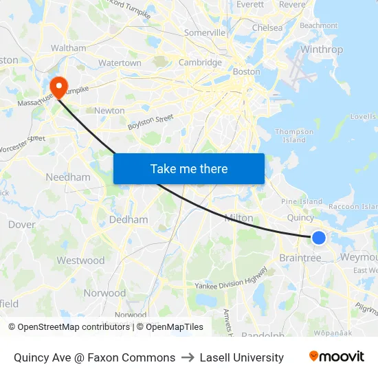 Quincy Ave @ Faxon Commons to Lasell University map