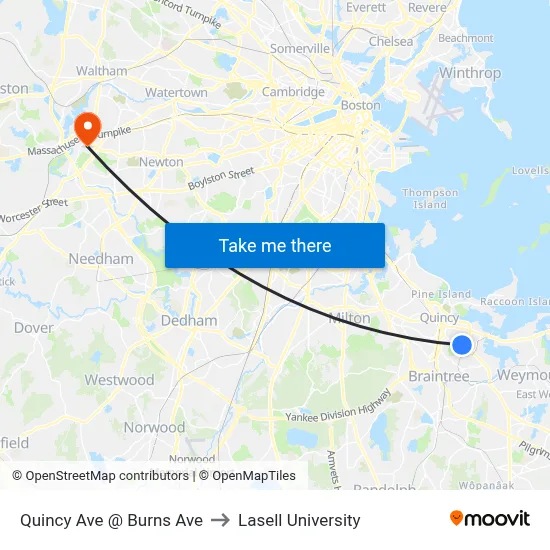 Quincy Ave @ Burns Ave to Lasell University map
