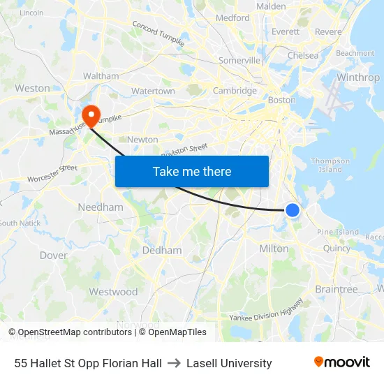 55 Hallet St Opp Florian Hall to Lasell University map