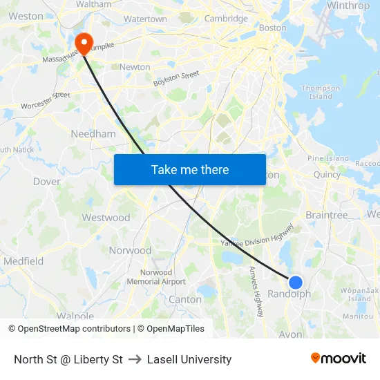 North St @ Liberty St to Lasell University map