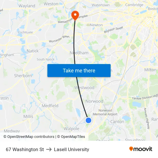 67 Washington St to Lasell University map
