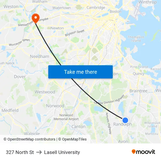 327 North St to Lasell University map