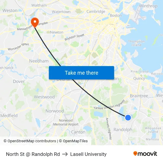 North St @ Randolph Rd to Lasell University map