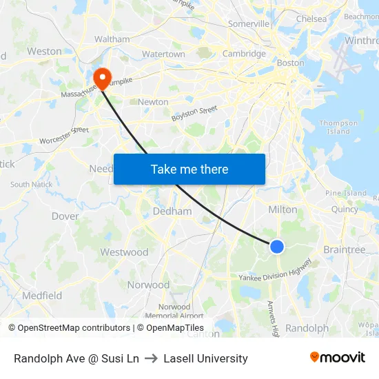 Randolph Ave @ Susi Ln to Lasell University map