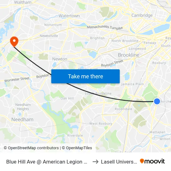 Blue Hill Ave @ American Legion Hwy to Lasell University map