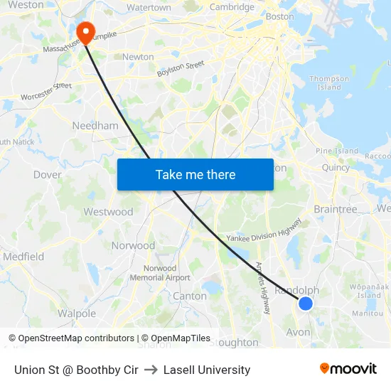Union St @ Boothby Cir to Lasell University map