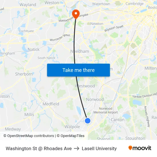 Washington St @ Rhoades Ave to Lasell University map