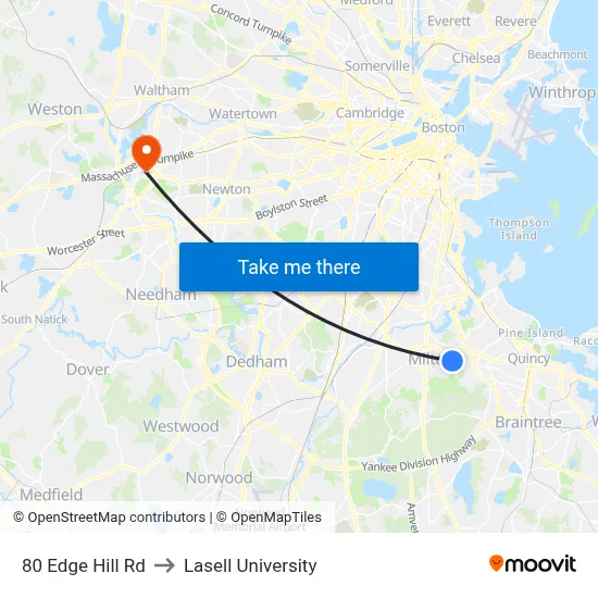 80 Edge Hill Rd to Lasell University map