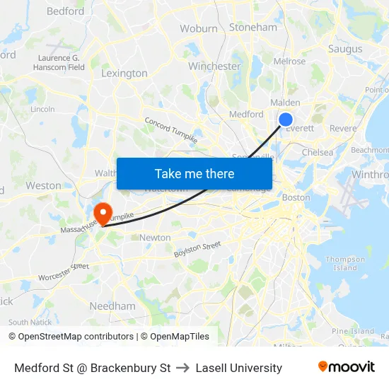 Medford St @ Brackenbury St to Lasell University map