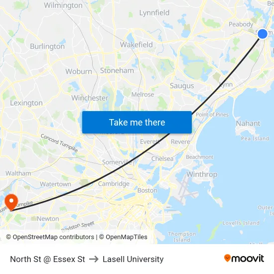 North St @ Essex St to Lasell University map