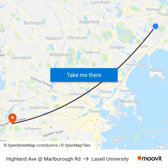 Highland Ave @ Marlborough Rd to Lasell University map