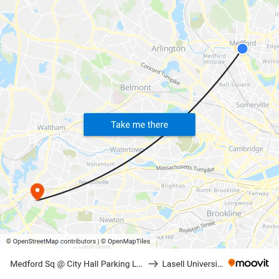 Medford Sq @ City Hall Parking Lot to Lasell University map