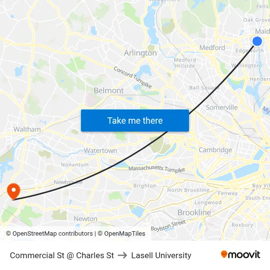 Commercial St @ Charles St to Lasell University map