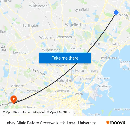 Lahey Clinic Before Crosswalk to Lasell University map