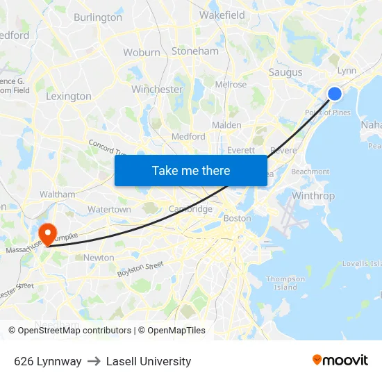 626 Lynnway to Lasell University map