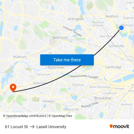 61 Locust St to Lasell University map