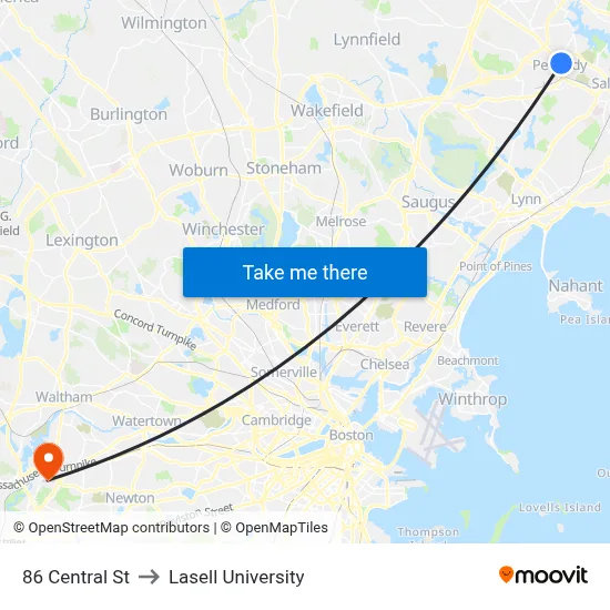 86 Central St to Lasell University map