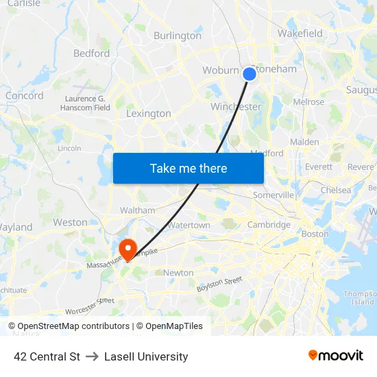 42 Central St to Lasell University map