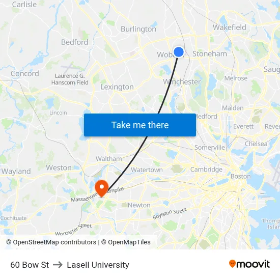 60 Bow St to Lasell University map