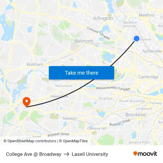 College Ave @ Broadway to Lasell University map
