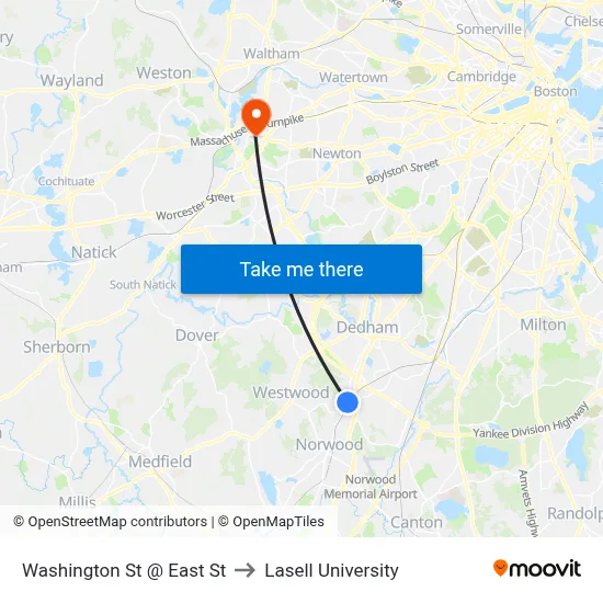 Washington St @ East St to Lasell University map