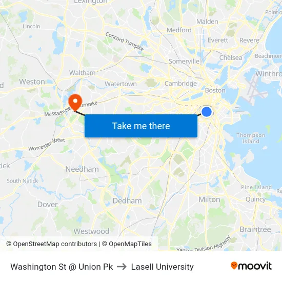 Washington St @ Union Pk to Lasell University map