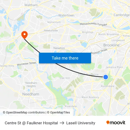 Centre St @ Faulkner Hospital to Lasell University map