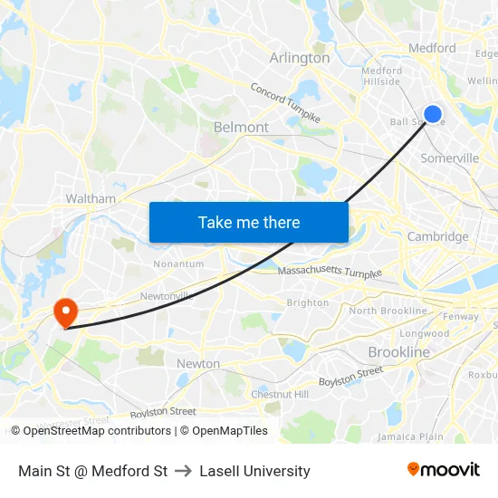 Main St @ Medford St to Lasell University map