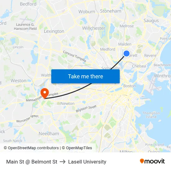 Main St @ Belmont St to Lasell University map