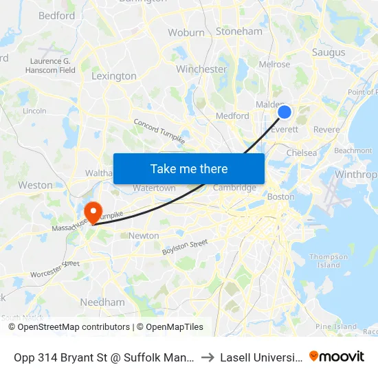 Opp 314 Bryant St @ Suffolk Manor to Lasell University map