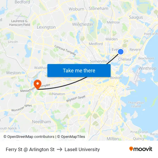 Ferry St @ Arlington St to Lasell University map