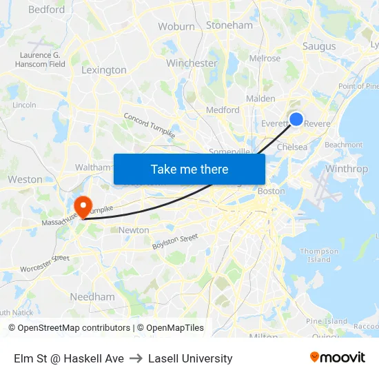 Elm St @ Haskell Ave to Lasell University map