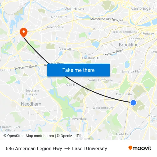 686 American Legion Hwy to Lasell University map
