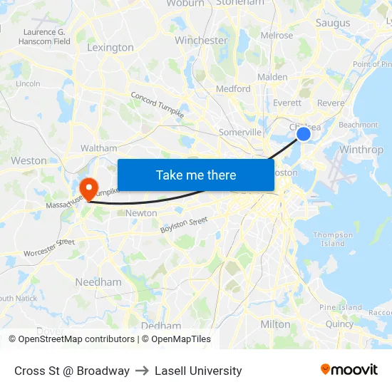 Cross St @ Broadway to Lasell University map