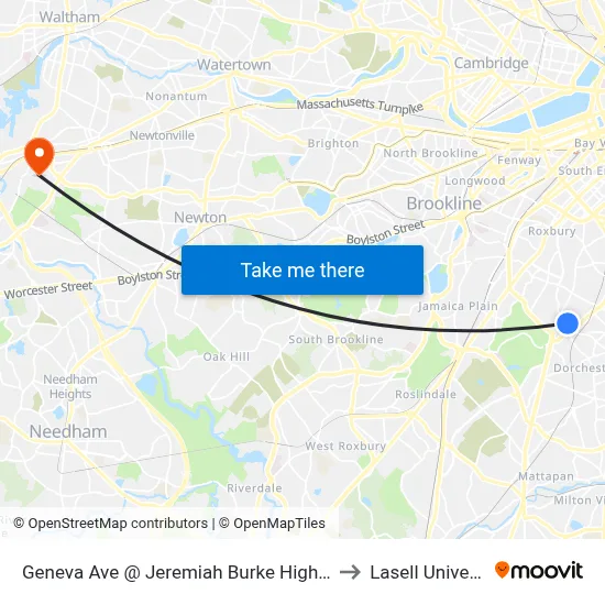 Geneva Ave @ Jeremiah Burke High School to Lasell University map