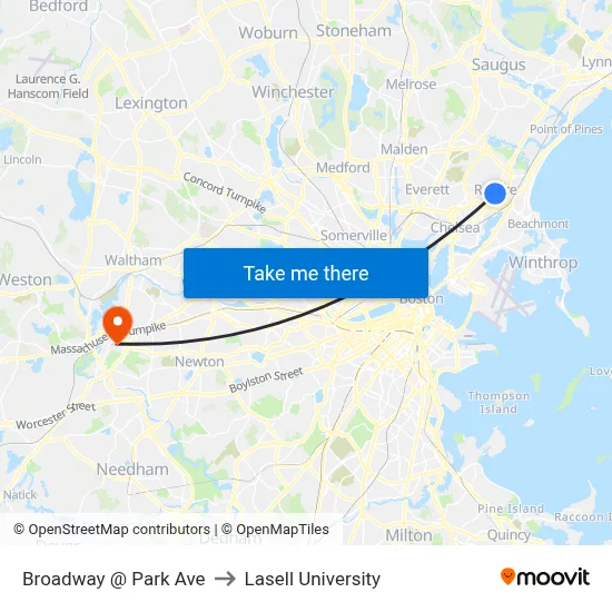 Broadway @ Park Ave to Lasell University map