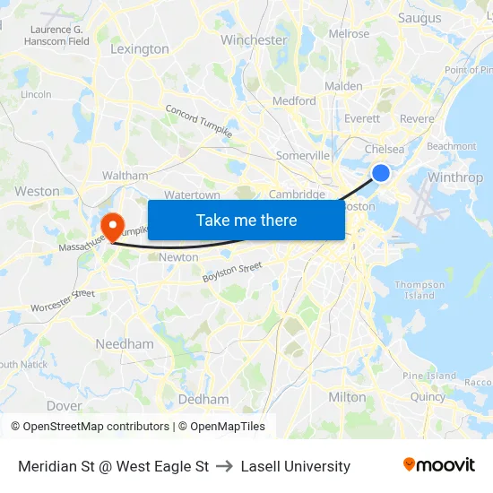 Meridian St @ West Eagle St to Lasell University map