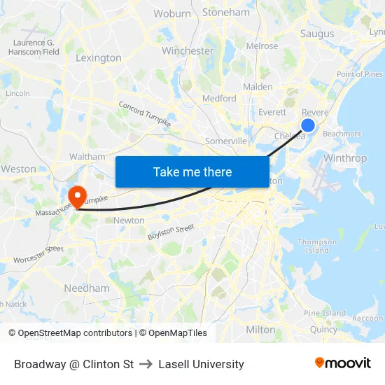 Broadway @ Clinton St to Lasell University map
