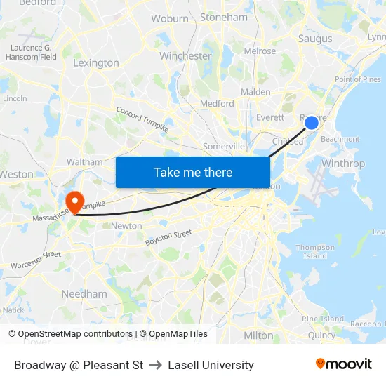 Broadway @ Pleasant St to Lasell University map