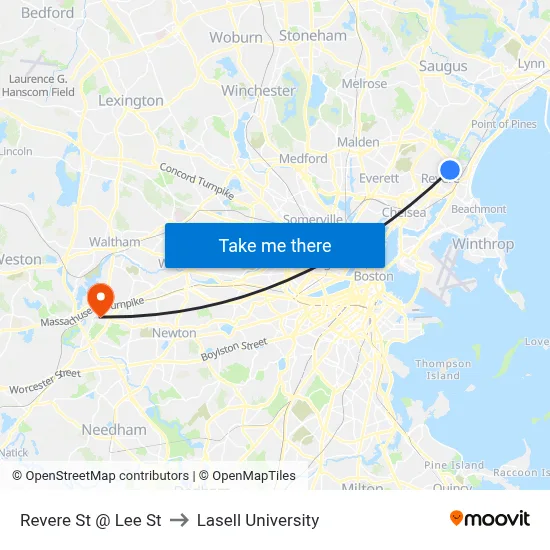 Revere St @ Lee St to Lasell University map