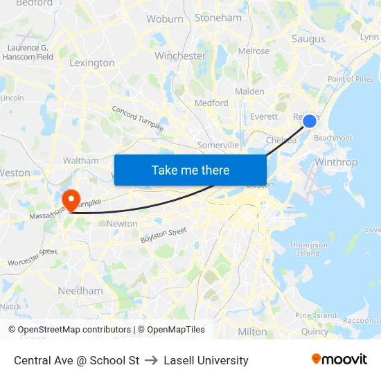 Central Ave @ School St to Lasell University map