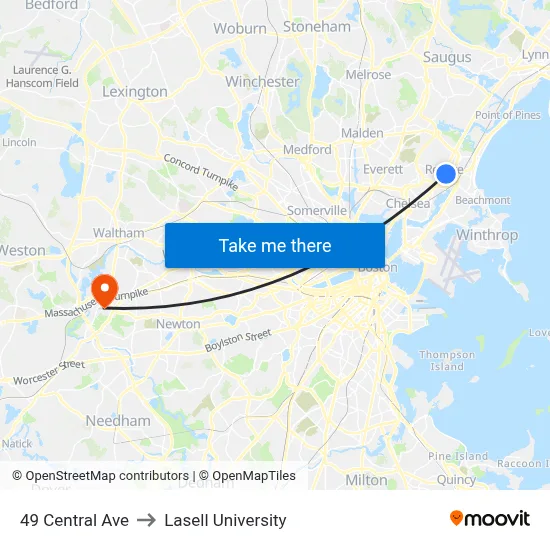 49 Central Ave to Lasell University map