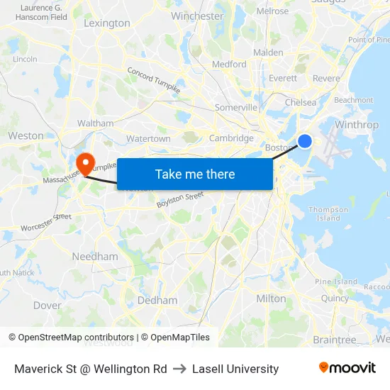 Maverick St @ Wellington Rd to Lasell University map