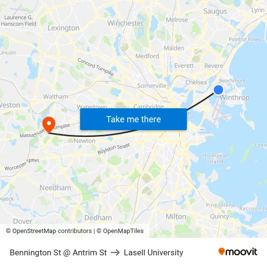 Bennington St @ Antrim St to Lasell University map