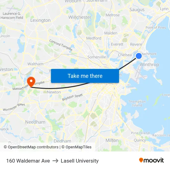 160 Waldemar Ave to Lasell University map