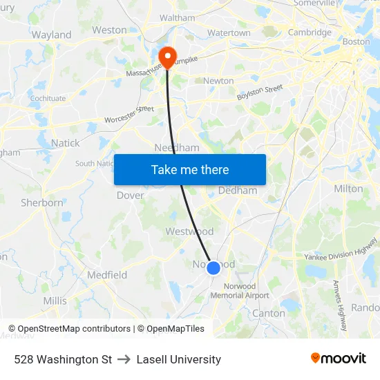 528 Washington St to Lasell University map