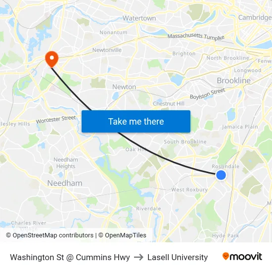 Washington St @ Cummins Hwy to Lasell University map