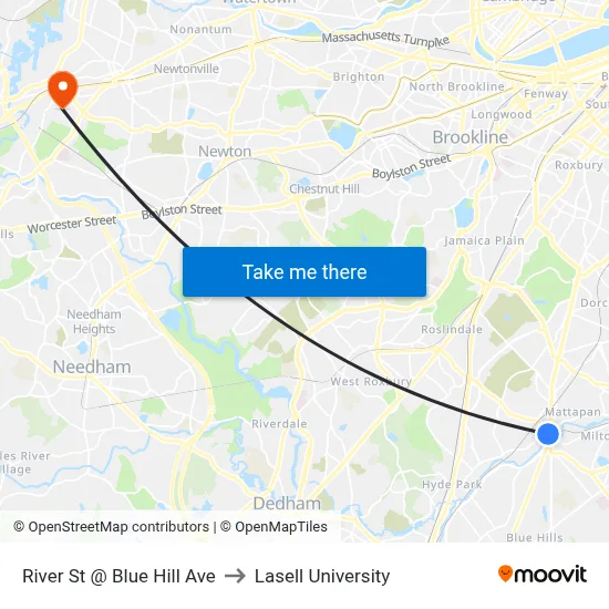 River St @ Blue Hill Ave to Lasell University map