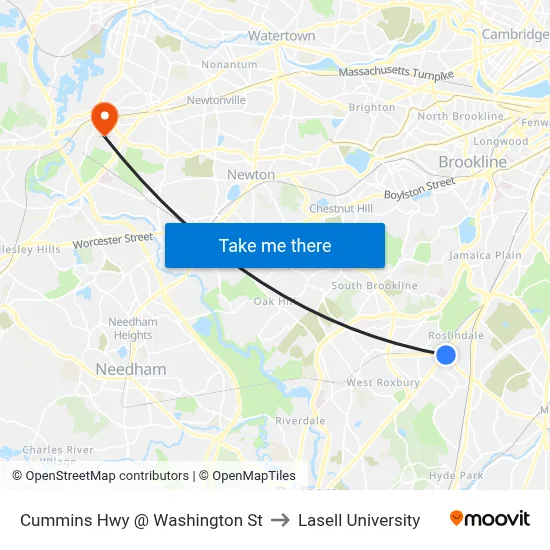 Cummins Hwy @ Washington St to Lasell University map