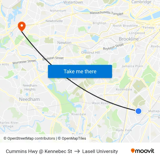 Cummins Hwy @ Kennebec St to Lasell University map